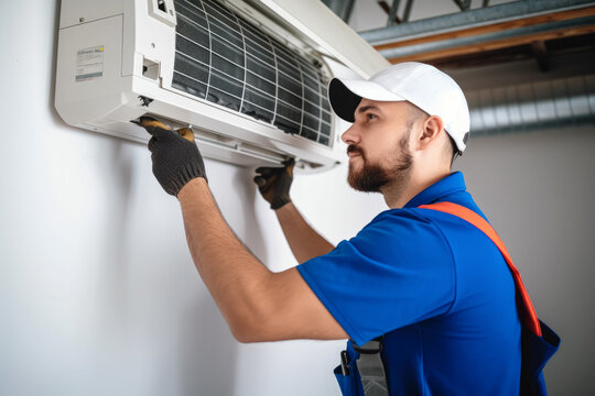 HVAC technician installing a mini split air conditioner in Dublin