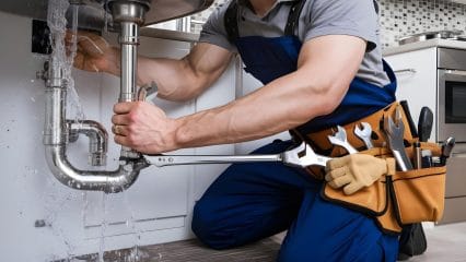 Plumber repairing pipes beneath a sink in Dublin